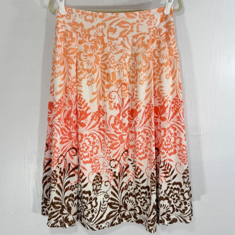 Coldwater Creek Floral boho Pleated Midi Skirt A-Line‎ Orange Brown Women Size S